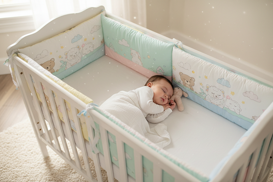 Bébé paisible dans son lit avec tour de lit