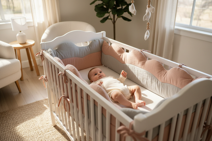 Bébé éveillé et protégé dans berceau avec pare-chocs élégant