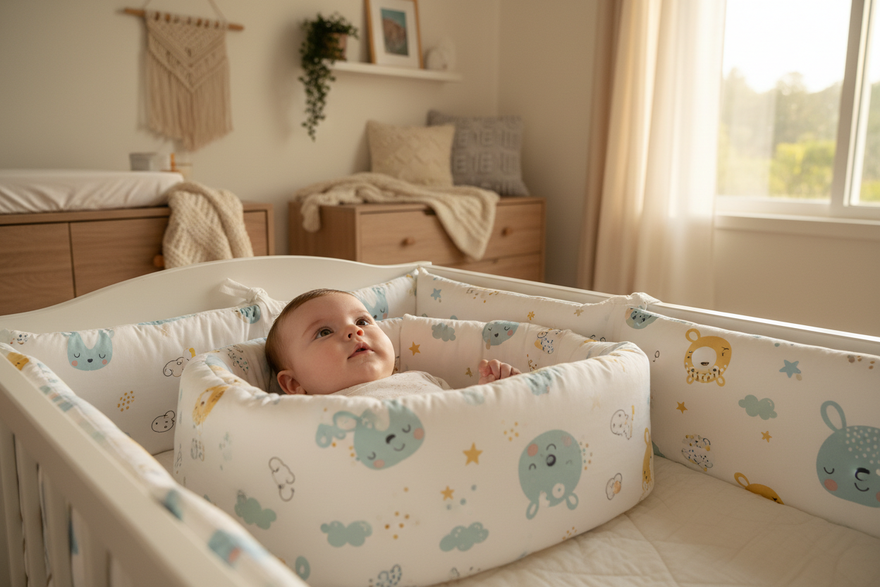 Bébé éveillé et protégé dans berceau avec pare-chocs coton douillet