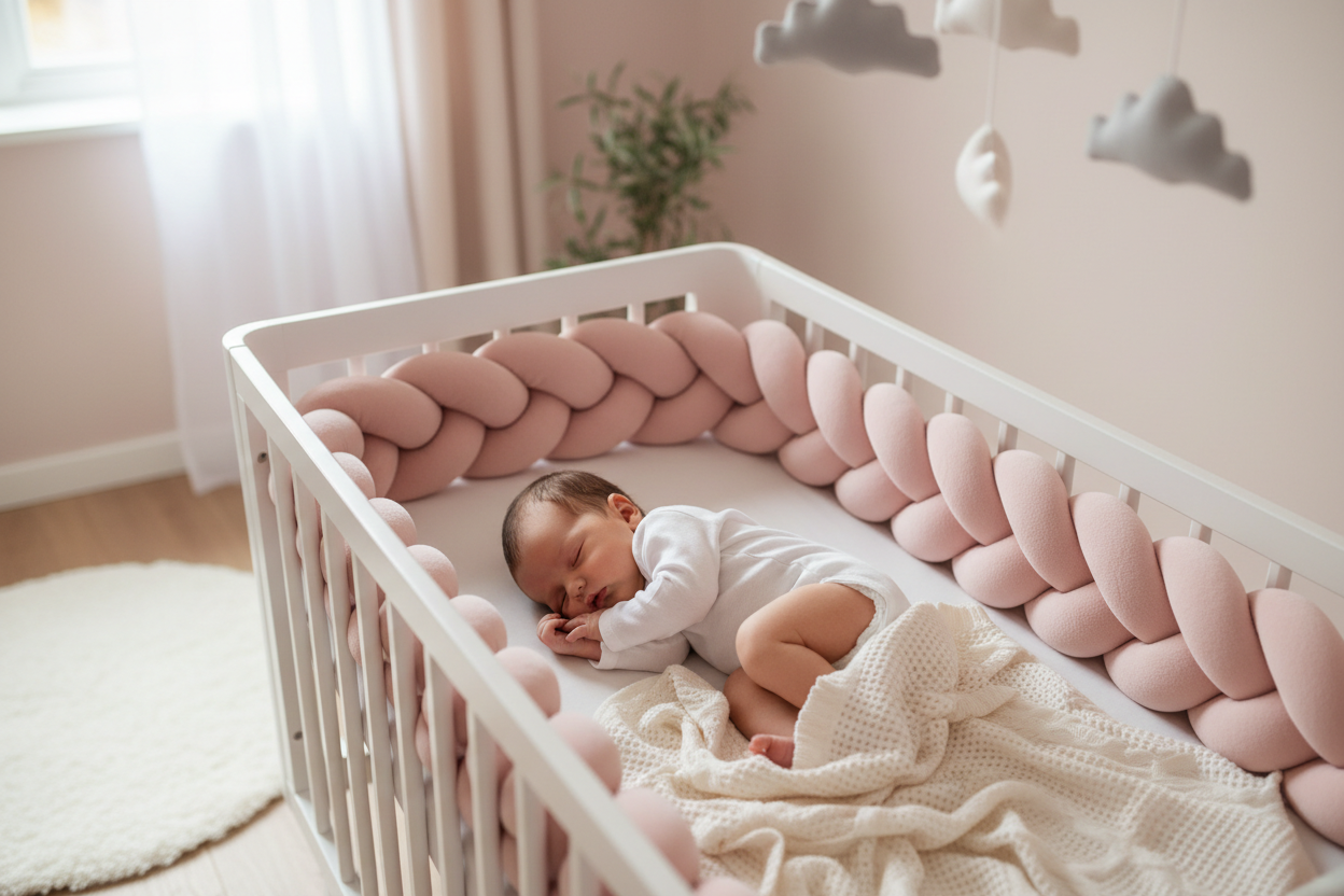 Bébé dormant paisiblement avec pare-chocs tressé rose dans berceau blanc