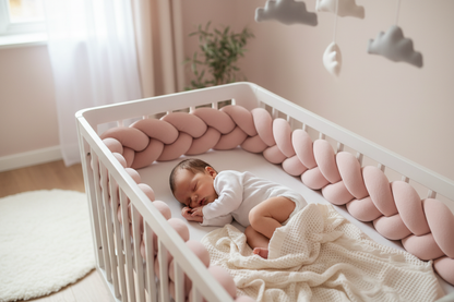Bébé dormant paisiblement avec pare-chocs tressé rose dans berceau blanc