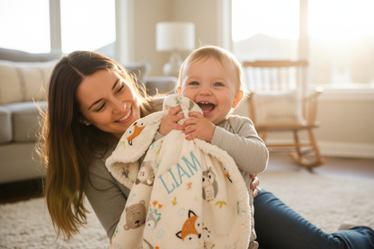 Enfant heureux avec sa couverture personnalisée