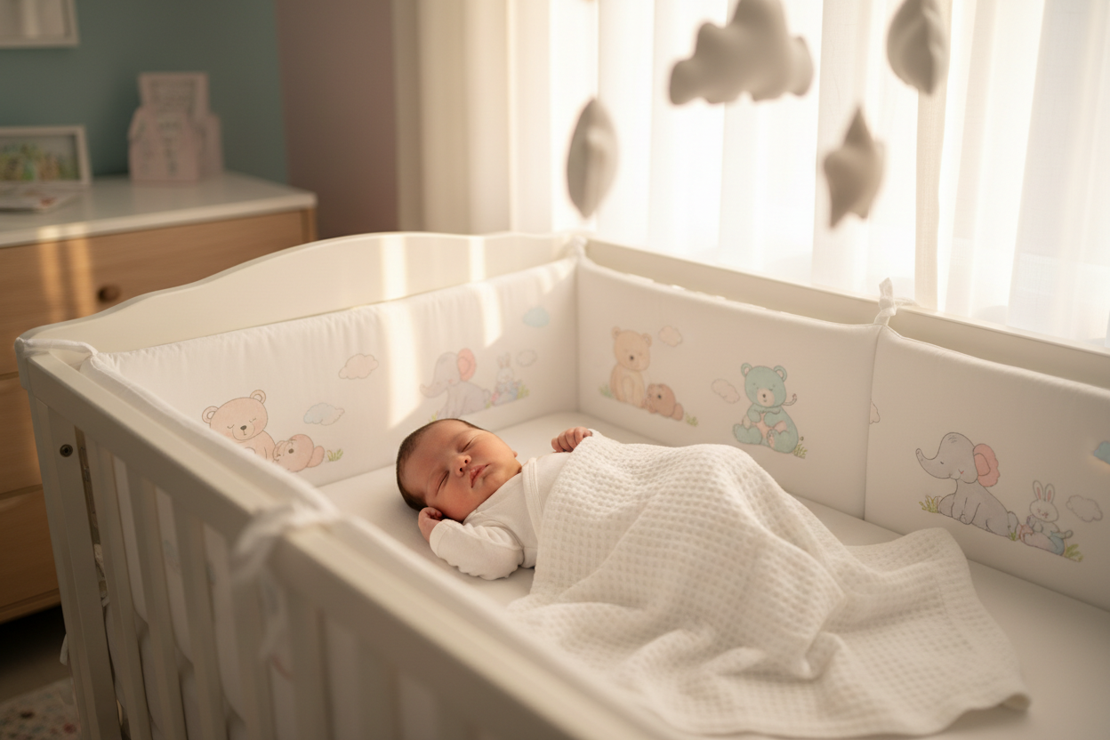 Bébé dormant paisiblement dans berceau avec pare-chocs en coton à motifs