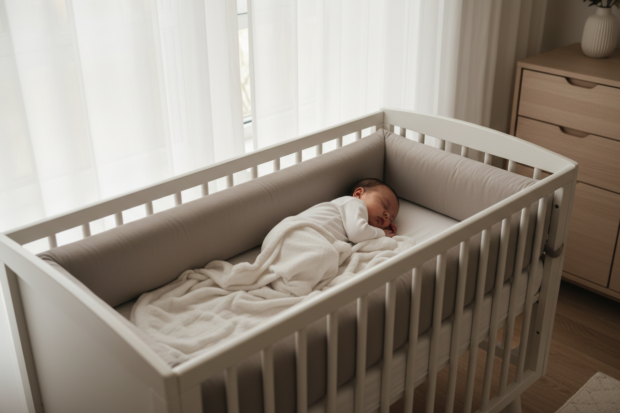 Bébé dormant paisiblement avec pare-chocs élégant beige ou gris
