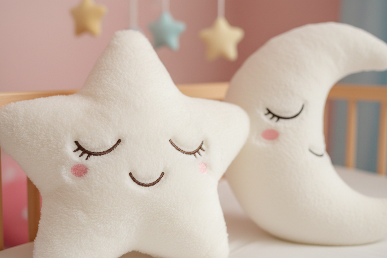 Gros plan peluche étoile lune avec adorables visages souriants kawaii