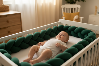 Bébé éveillé et protégé dans berceau avec pare-chocs tressé vert