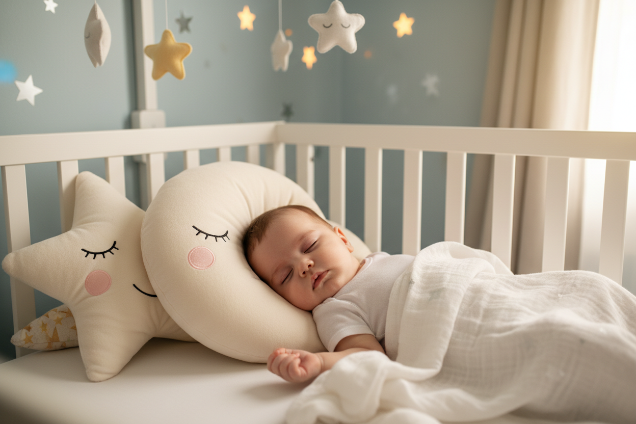 Bébé endormi paisiblement avec peluche étoile lune comme oreiller