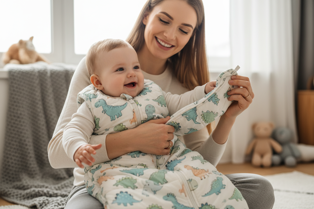 Maman avec bébé en sac de nuit hiver
