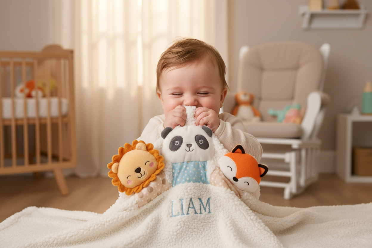 Bébé avec couverture de sécurité personnalisée